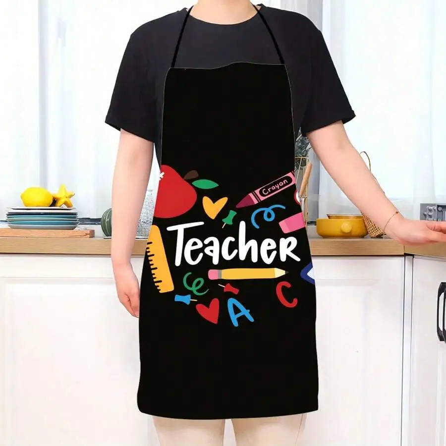 Teacher Appreciation Kitchen Apron Colorful School Supplies Pattern Linen Cooking Bibs Chef Aprons Multi Sizes Gift for Educator