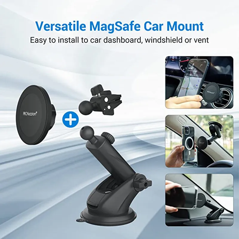 PROfezzion Suction Cup&Vent Clip Combo Magnetic Phone Holder For Windshield or Vent for Compatible with iPhone 15 14 13 Pro Max