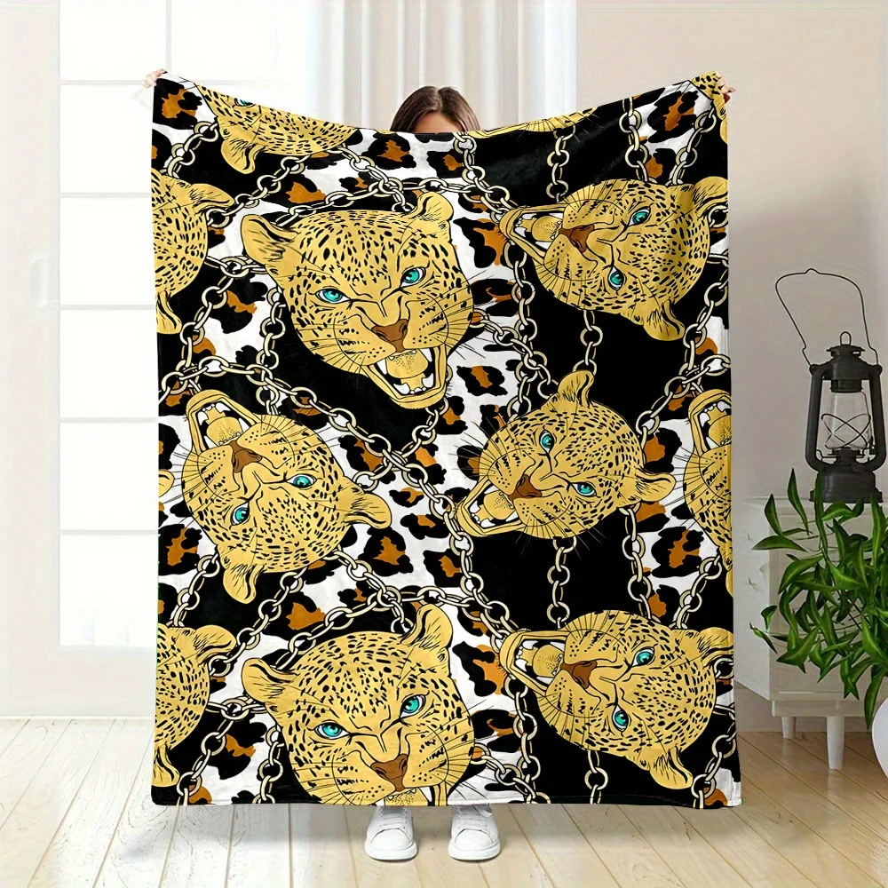 Cool Golden Leopard Face Silver Chain Mixed Leopard Texture Art Pattern Soft Blanket Fit Living Room Bed Travel Multi-scene Home