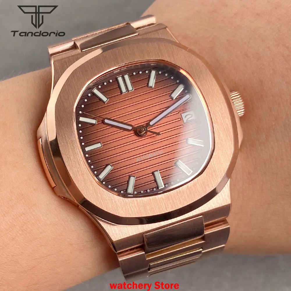 

Классические мужские часы Nautilus в стиле ретро с датой погружения Tandorio 40 мм, розовое золото, квадратное стерильное сапфировое стекло, люмен NH35A, автоматический механизм