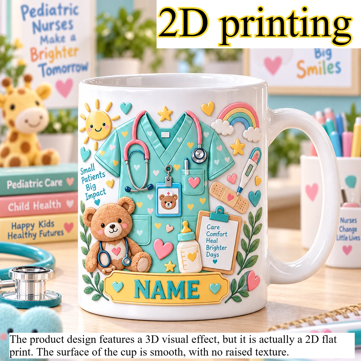 Custom Name Pediatric Nurse Mug 2D Printing 11oz Ceramic Cup Teddy Bear Stethoscope Design Gift for Female Medical Staff Office