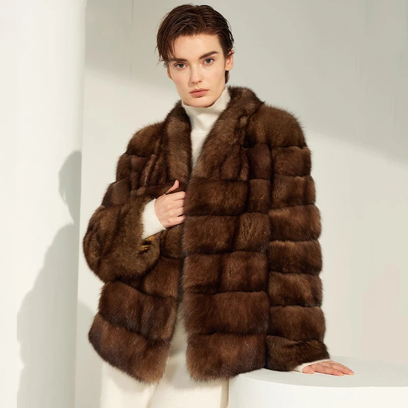 Ftangaiur Winter Import Russian Sable Fur Coat  Turn-Down Collar Sable Coat Women New Medium Natural Real Sable Fur Coats