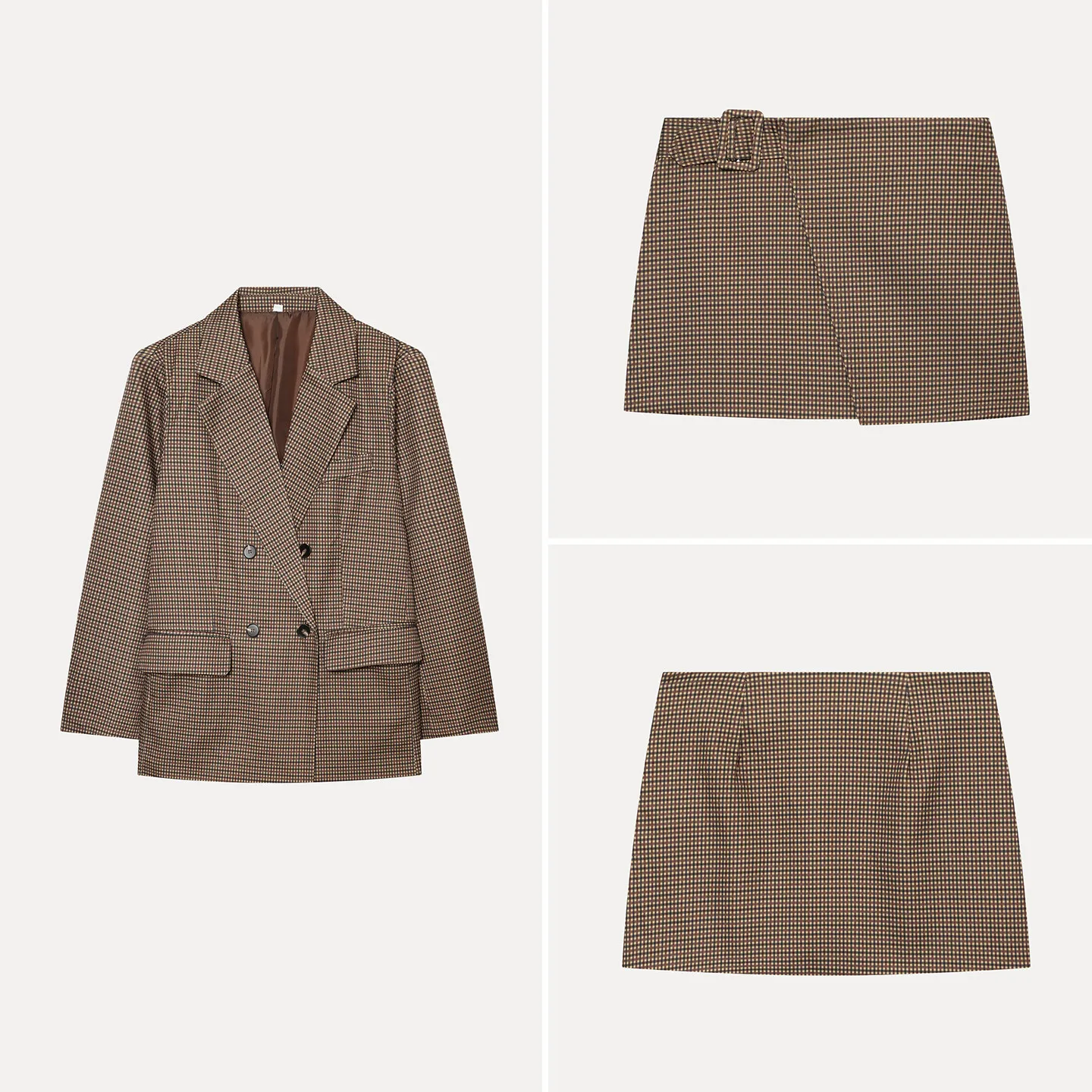 Women's Fashion Plaid Print Loose Shoulder Pad Coat with Button Short Skirt Two Piece Set Autumn Season ZADATA Brand
