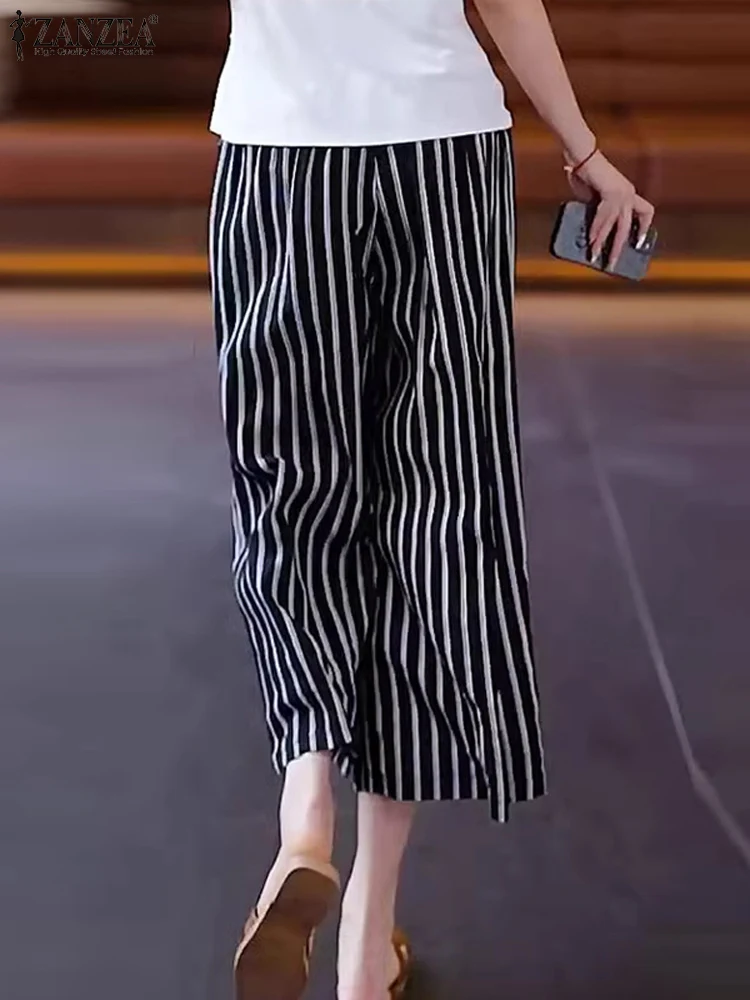 

ZANZEA Vintage Wide Leg Trousers Korean Summer Straight Pants Women Striped Office Pantalon Causal Loose Elastic Waist Pants