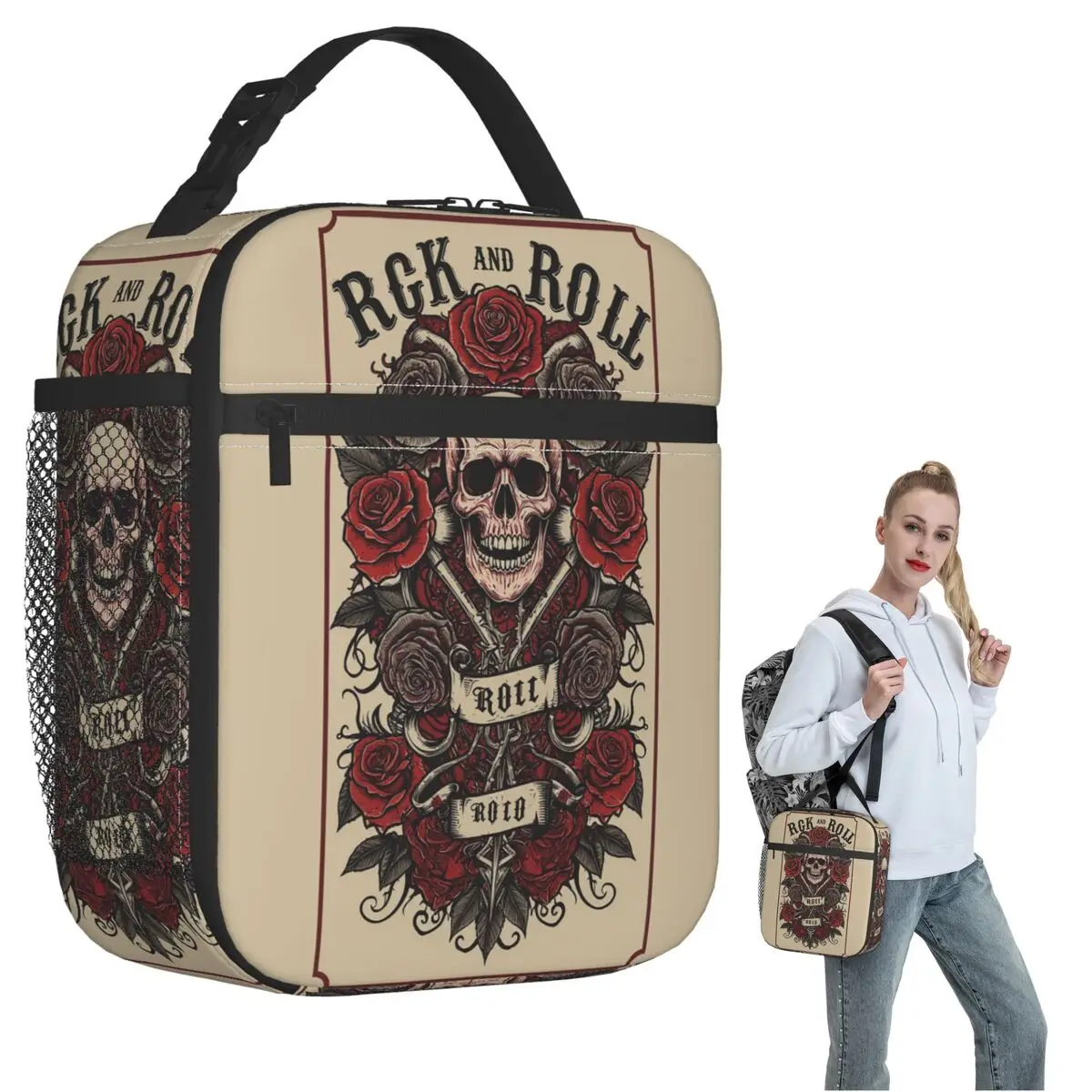 

Изолированная сумка для обеда Crazy Rock Skull Rose для женщин и детей, портативные контейнеры для еды, термосумка для обеда