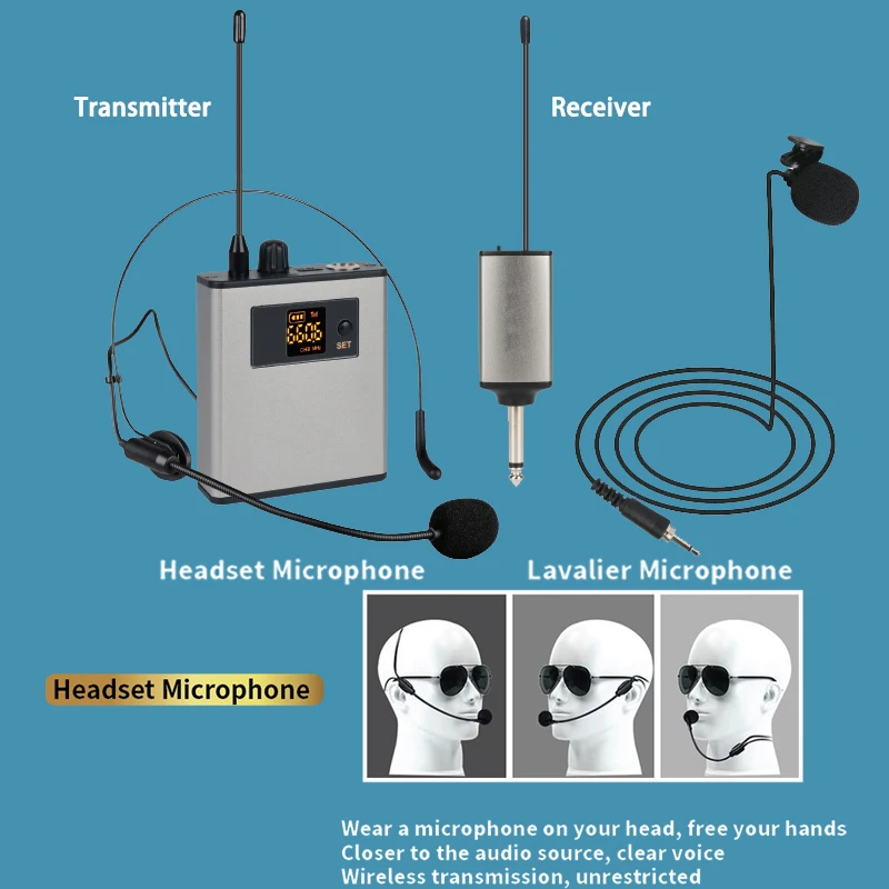 ميكروفون سماعة رأس لاسلكي محمول UHF + نظام ميكروفون Lavalier لمقابلة الكلام التعليمية وتسجيل مدونة الفيديو المباشر