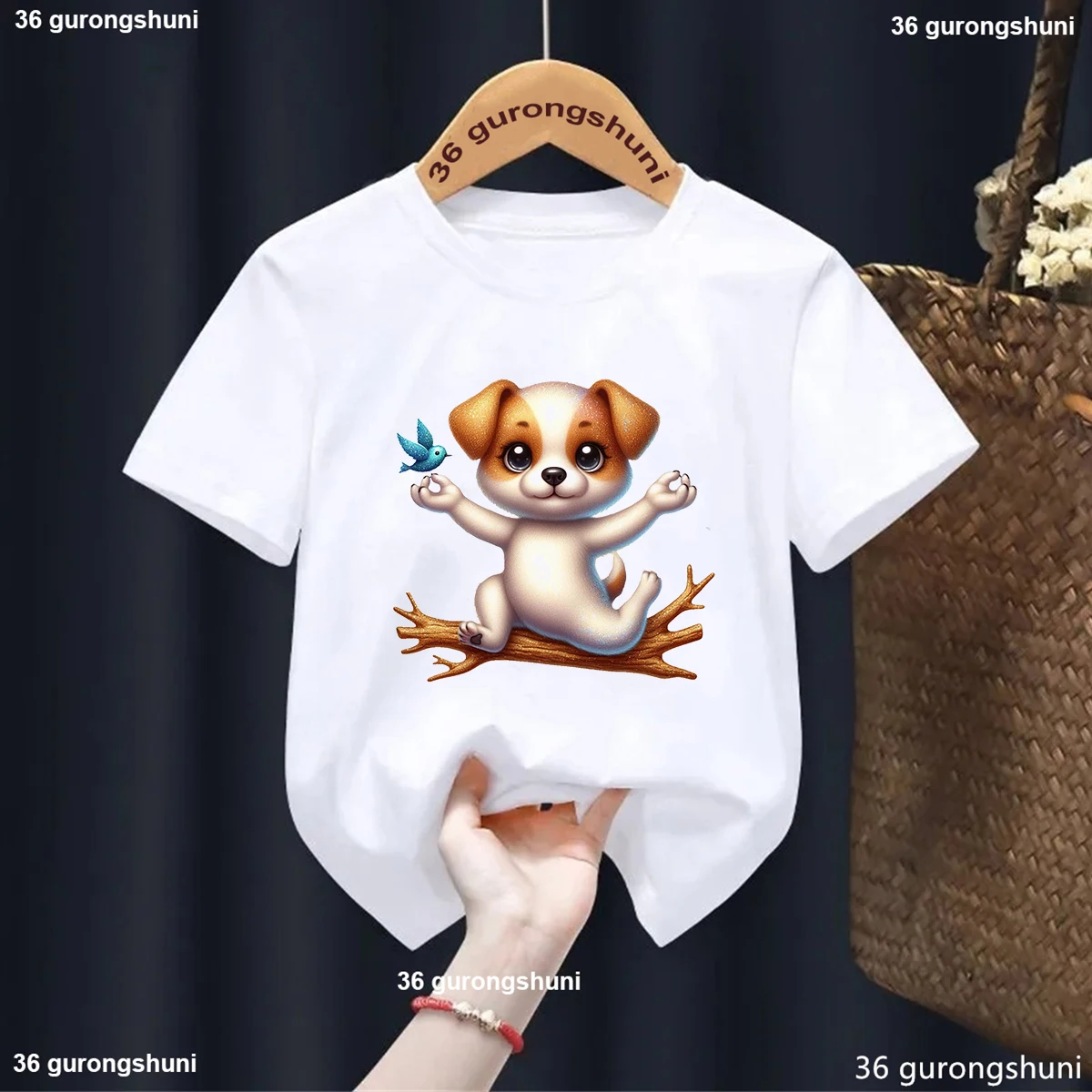 Cute Yoga Dog Animal Print Kids Tshirt Summer Children'S Short Sleeved Shirt Top Fashion Kawaii Girl'S T-Shirt White Tops