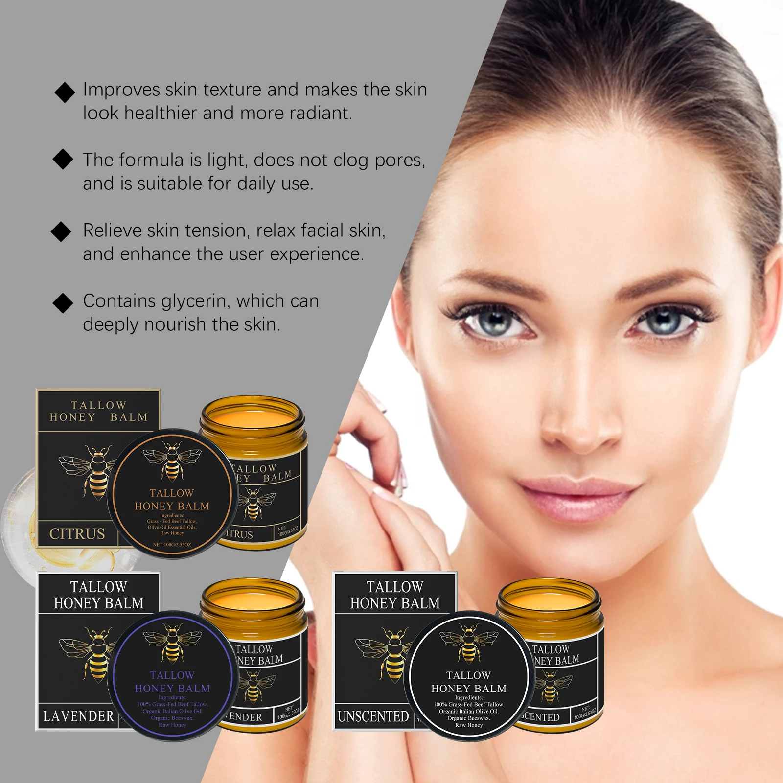 Beef Tallow Honey Cream Grass Fed Whipped Facial Balm Repair Damaged Barrier Reduce Redness Swelling Nourishing Body Lotion 100g view 6