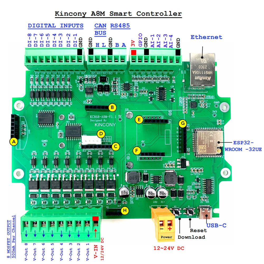 

KC868-A8M ESP32 MOSFET IO Board Wifi/RJ45 Switch ESPhome Home Assistant Tasmota Arduino IDE 2G/4G GSM Module IIC Antenna Port