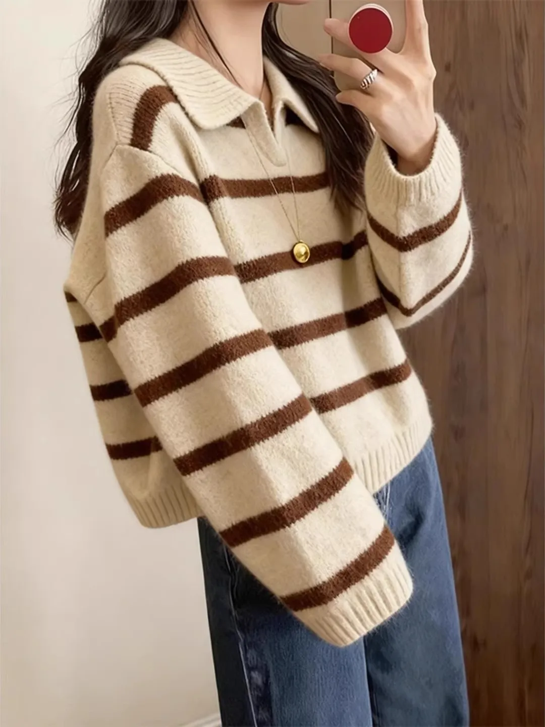 Brown Striped  Ne Knitted Sweater Loose Thiened Autumn Winter Women's Faion Commute Sle Long Sve Overhead Top