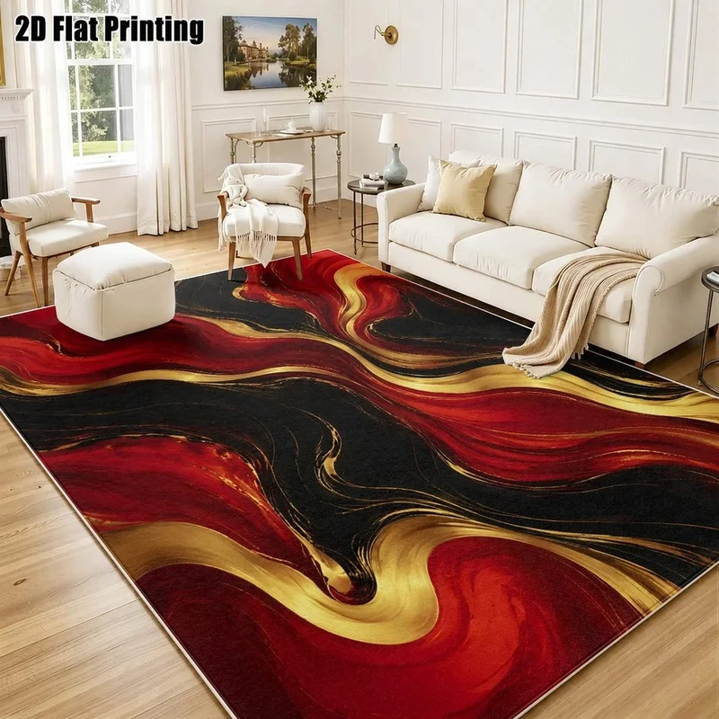 1Pc Light Luxury Black Gold Abstract Fluid Rug, Bohemian Style Decorative Rug for Living Room, Bedroom, Dining Room, Bedside, Indoor and Outdoor Patio, Home Decor Accessories