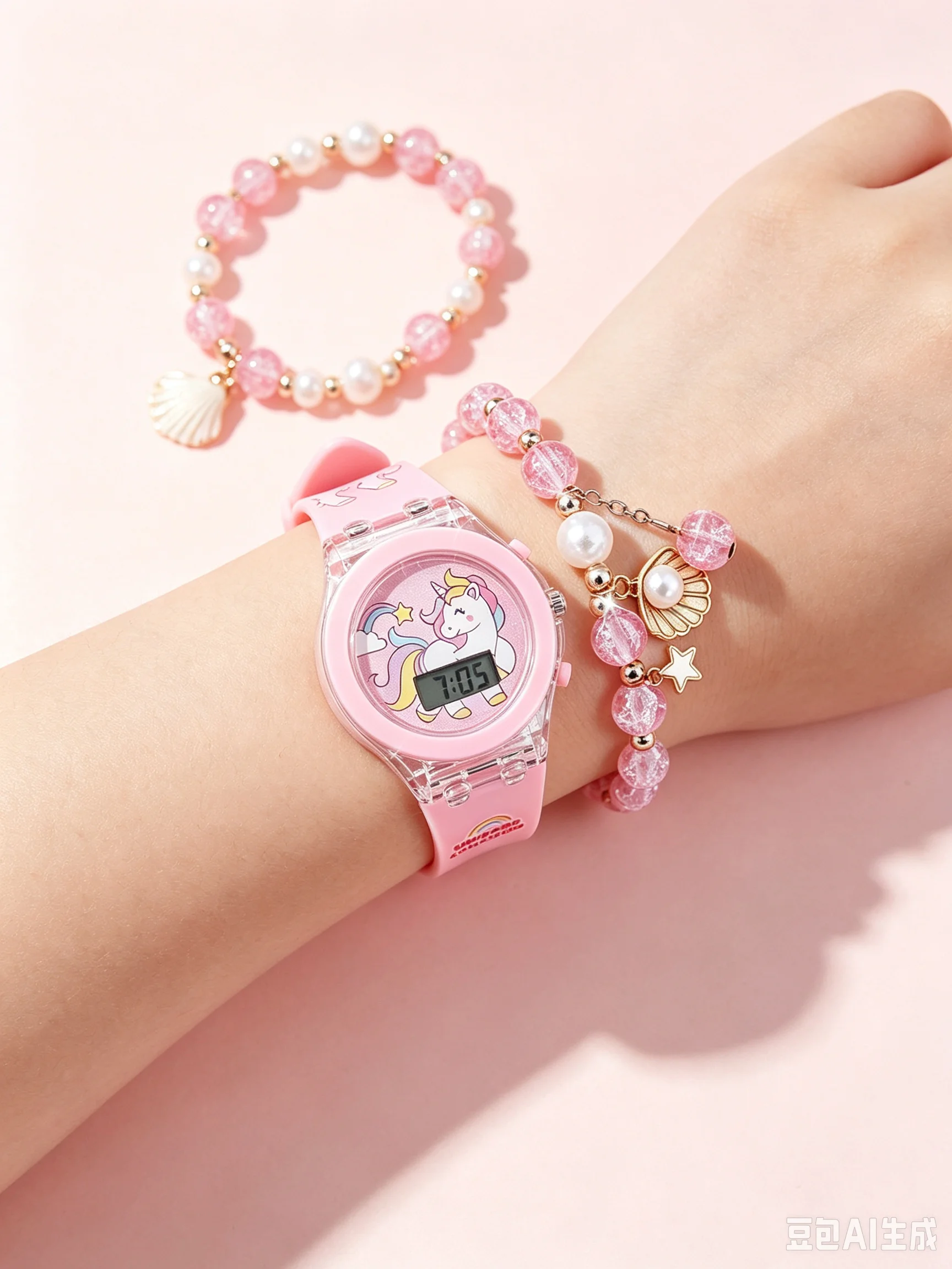 2PCS Pink Unicorn Silicone Children's Electronic Watch and Acrylic shell Beaded Bracelet Set as a Gift for Children