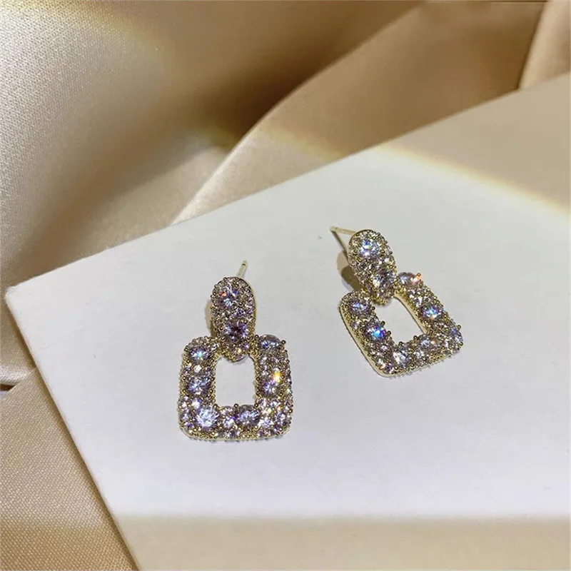 2023 Korean Fashion Shining Rhinestone Hollow Square Drop Earrings for Women Girls Vintage Crystal Luxury Jewelry Party Gifts