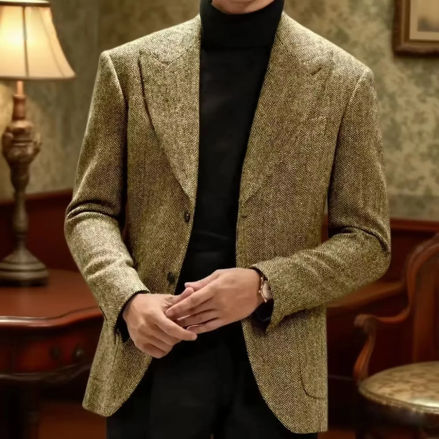 

Classic Italian Men's Suit Jacket Retro Herringbone Single Breasted Man Coat Business Casual Men's Clothing