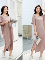 Long V-Neck Modal Sleep Dress Summer Thin Short Sleeve Women plus Size Slimming Outerwear Simple Home Clothes