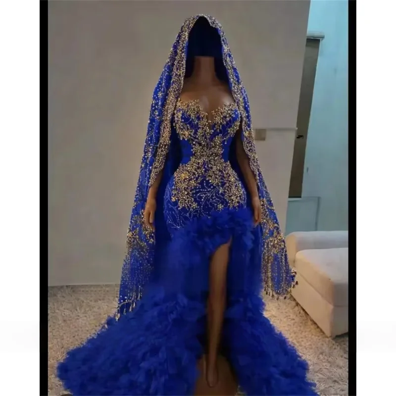 Königsblaue lange Ballkleider für schwarze Mädchen, Rüschen, Perlen, Schlitz, amerikanisch-afrikanische Abendkleider, Geburtstagsparty-Robe, individuell gestaltet