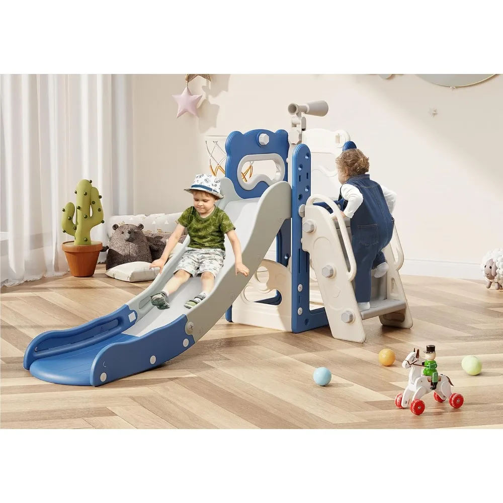

Toddler Slide, 6 in 1 Kids Indoor Slide Toddlers 1-3, Baby SlideIndoor Outdoor with Basketball Hoop and Telescope L Shaped Slide