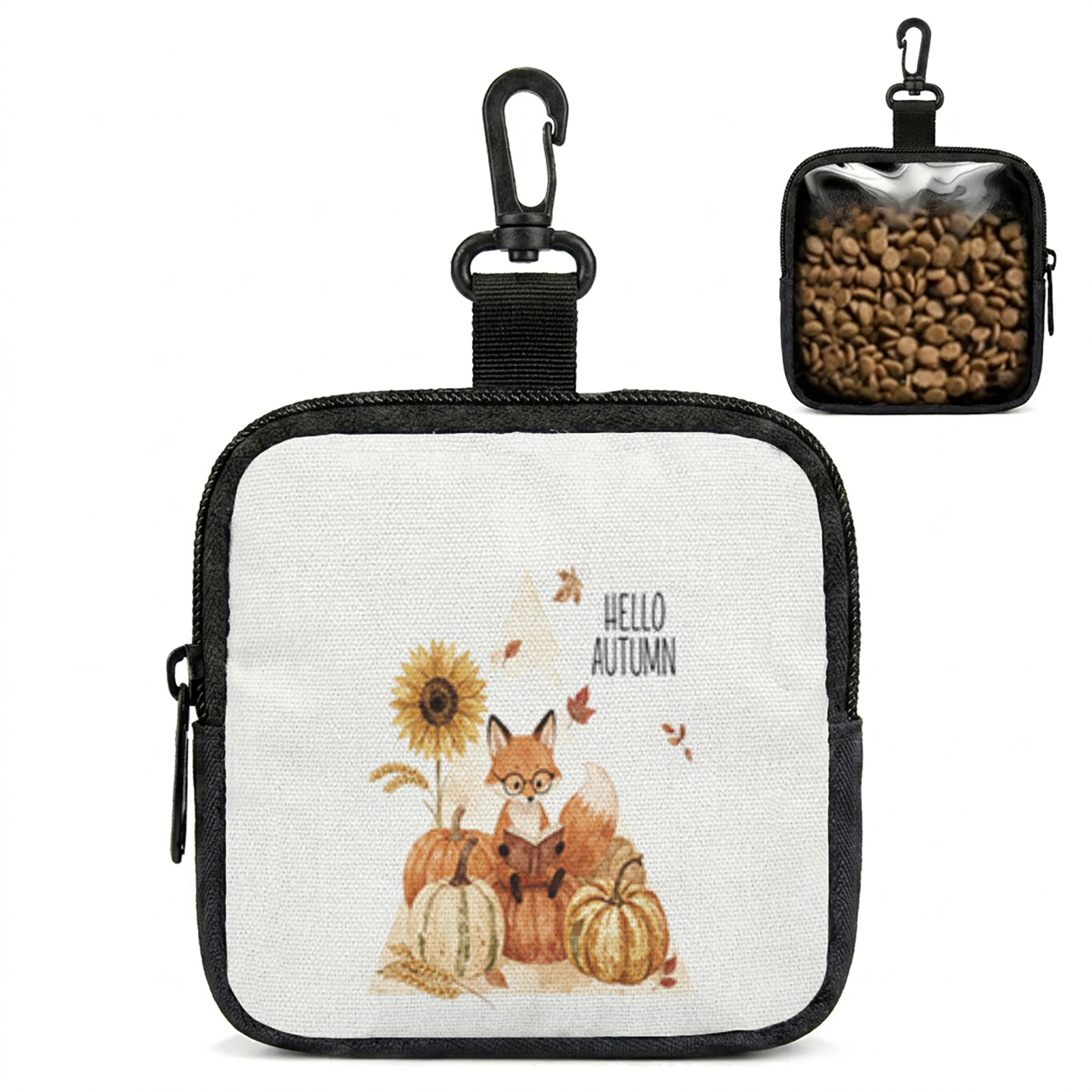 Hello Autumn Fox Pumpkin Sunflower Print Pet Treat Bag Mini Zipper Pouch With Carabiner, Portable Dog Snack Pouch