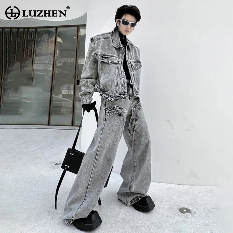 

LUZHEN 2024 Spring New Patchwork Pocket Decoration Denim Jacket Straight Jeans High Street Fashion Men's Two-piece Sets LZ2965