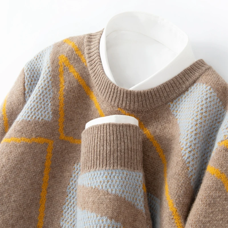 Autumn Winter Wool Men's Round Neck Color Matching Sweater Thickened Jacquard Business Casual Cashmere Knitted Bottoming Shirt