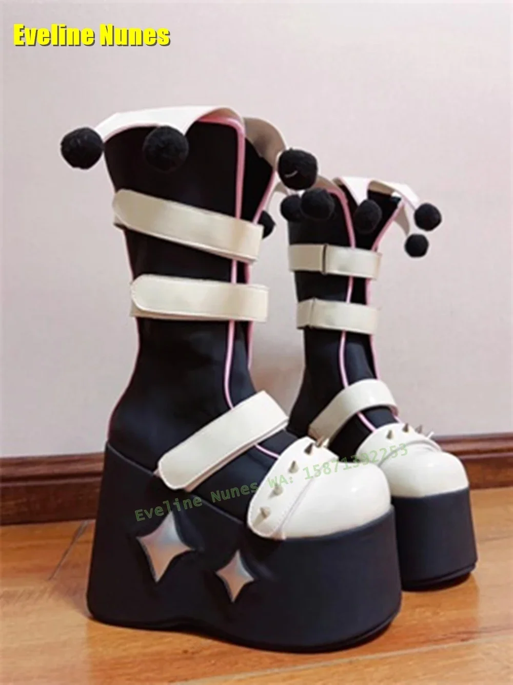 Women Rivet Cartoon Clown Thick Sole Boots Big Round Toe Wedges Student Patchwork Large Size Knee High Boots Cosplay Sweet 2024
