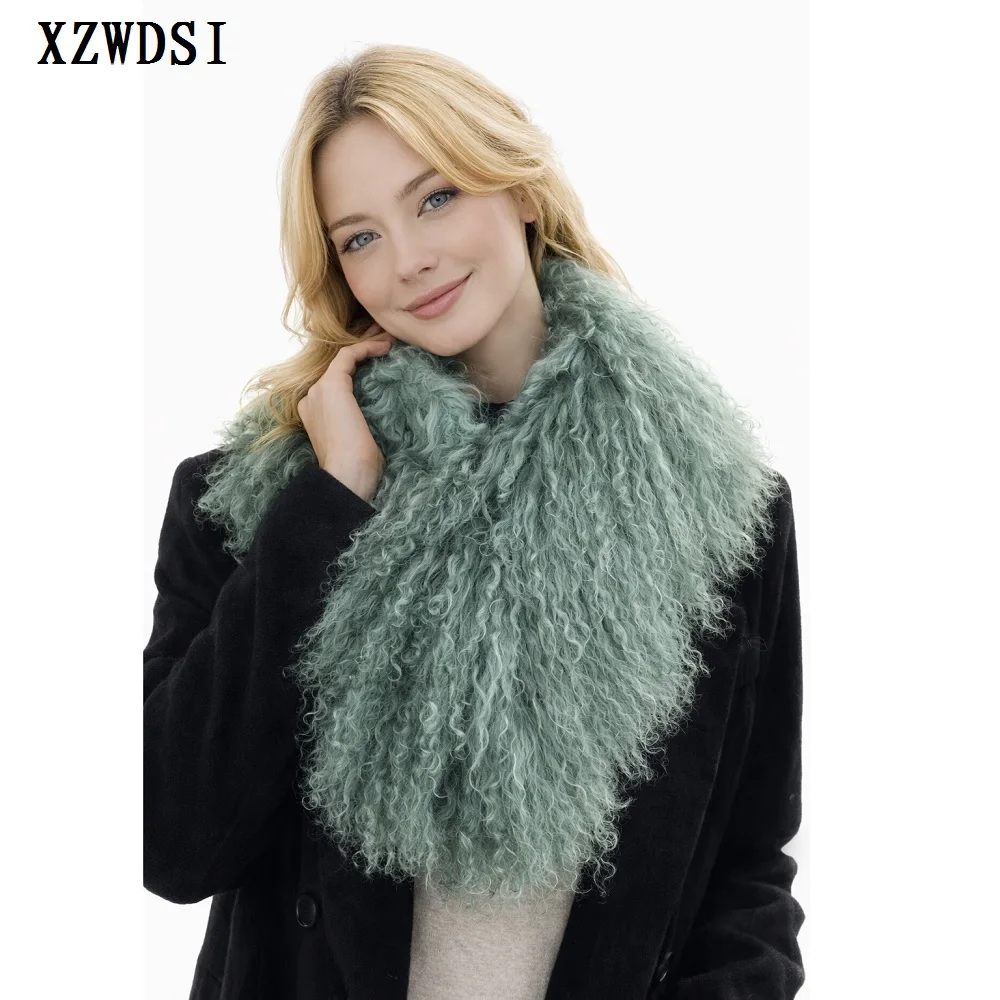 Real Mongolian Sheep Fur Scarf Women Single Side Fur Collar Winter Warm Fur Scarves with Clip Lady Neck Warmer Autumn