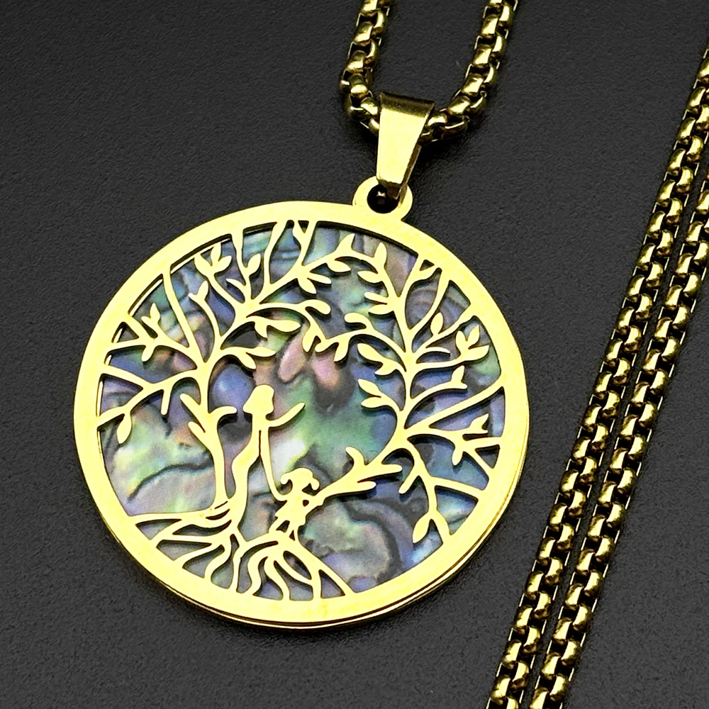 Mutter-Kind-Baum des Lebens Abalone-Muschel-Anhänger-Halskette für Damen und Herren aus Edelstahl – Liebes-, Familien- und Heilungs-Charm-Kettenschmuck – Detail 4