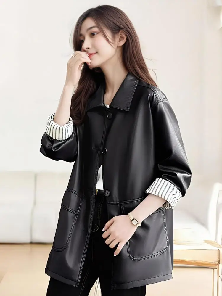 

Новая женская черно-коричневая однобортная куртка из искусственной кожи, винтажное модное офисное женское пальто с длинными рукавами, осень-зима 202, уличное пальто