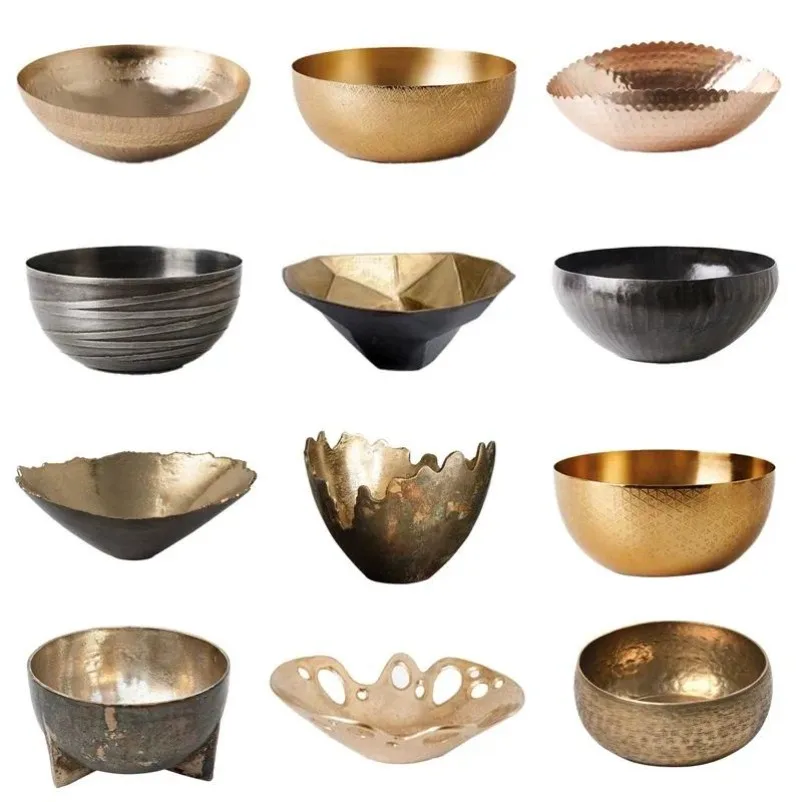 Golden Metal Fruit Bowl Decorative Storage Tray for Living Room Coffee Table Flower Vase Home Ornament Modern Style