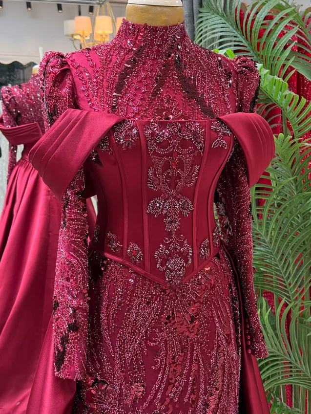 Burgundy Shine Bridal Gown Dubai Women High-Neck Crystal Beaded Waist Train Mermaid Party Evening Dresses Customized prom dresse