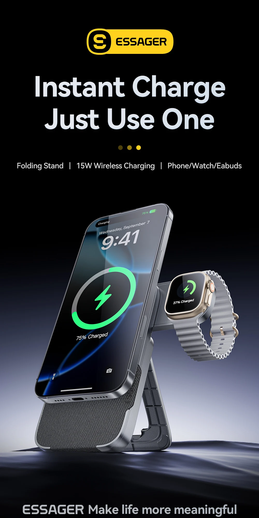 Essager 3-in-1 Portable Folding Wireless Charger Stand 15W Magnetic for iPhone 1716/15 AirPods Apple Watch MagSafe Fast Charging