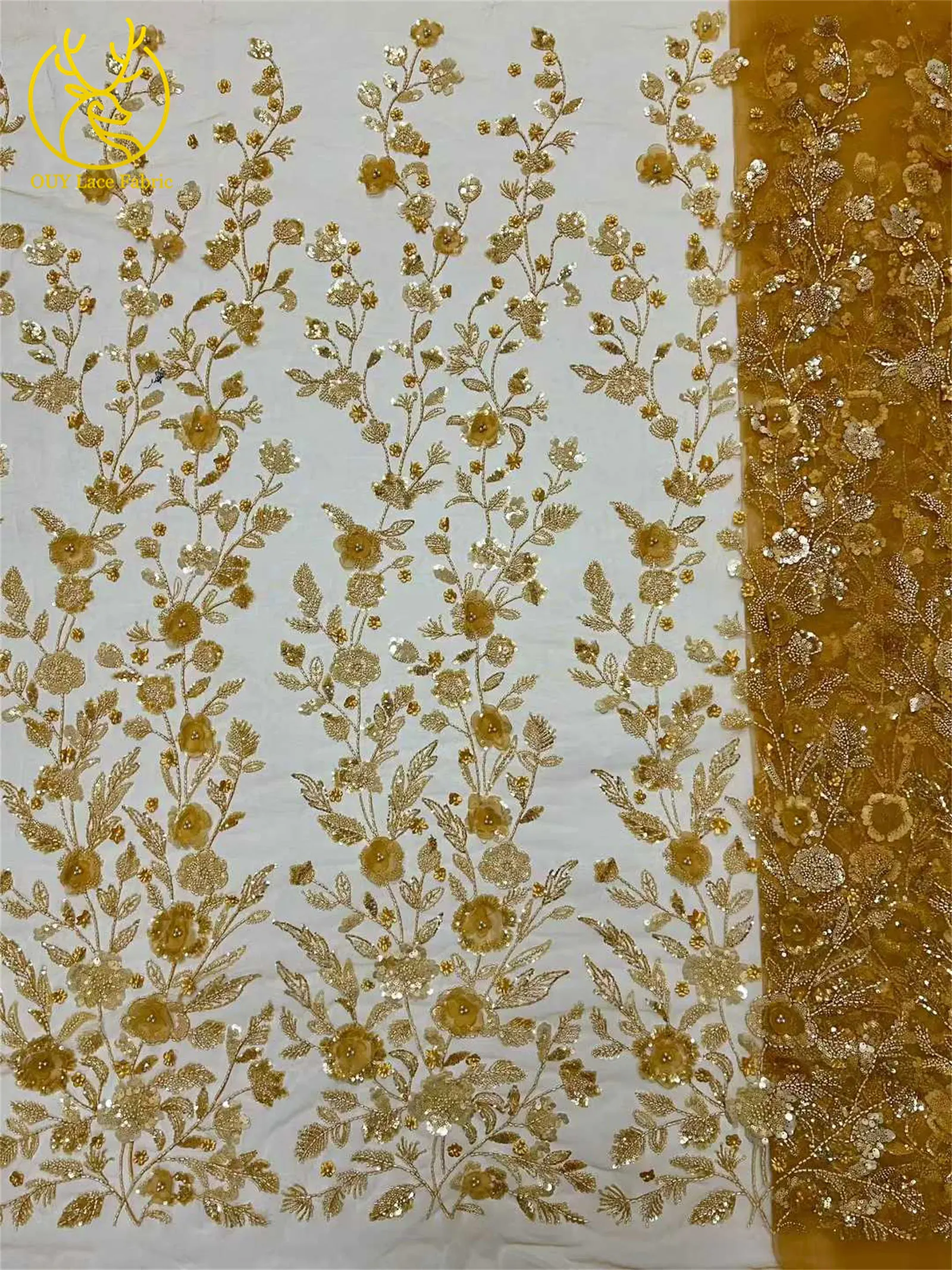 Afrikanischer 3D-Blumen-Handperlen-Spitzenstoff 2026 Hochwertiger Französischer Stil Nigerianischer Pailletten-Spitzenstoff Ideal für Partykleider – Detail 10