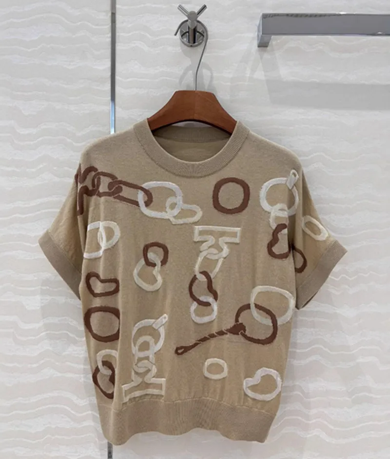 

2025 Women's Spring Summer New Contrast Color Round Neck 100 Wool Pullover Knitted Short Sleeve