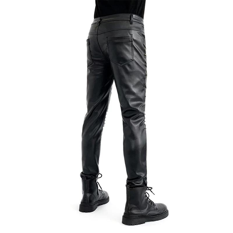 Pantalones ajustados de cuero sintético para hombre, pantalón de motorista para hombre, ropa de escenario para Club, novedad