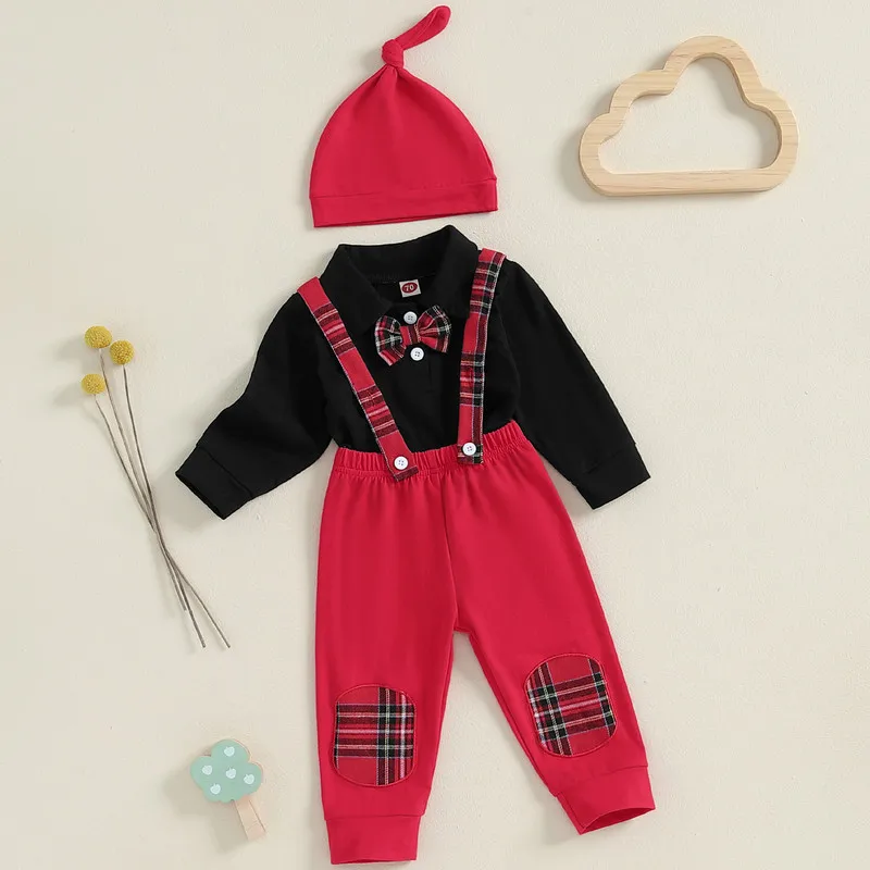 

RUEWEY 0 to 18 Months Baby Boy Pant Sets Spring Autumn Clothes Long Sleeve Bow Tie Bodysuit with Plaid Overall Pants Hat Infant