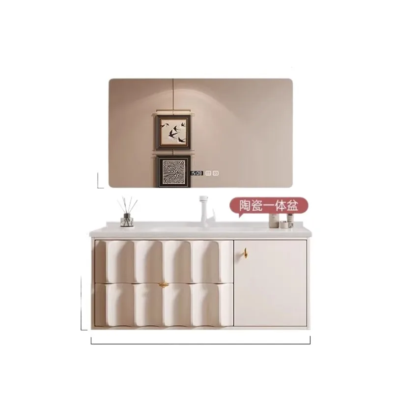 Ceramic integrated basin cream style hanging rubber wood paint smart bathroom cabinet washbasin customization