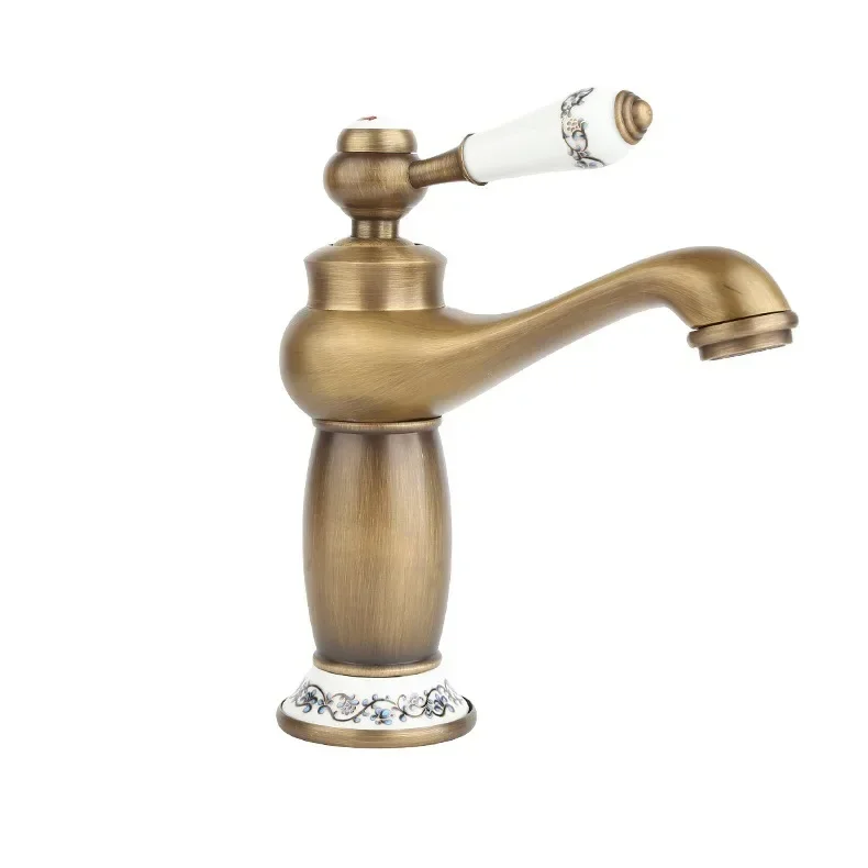 Deck Mounted Bathroom Sink Faucet Single Lever Control One Hole Mixer Tap Basin Faucet with Beautiful Pattern, Brushed, Brass