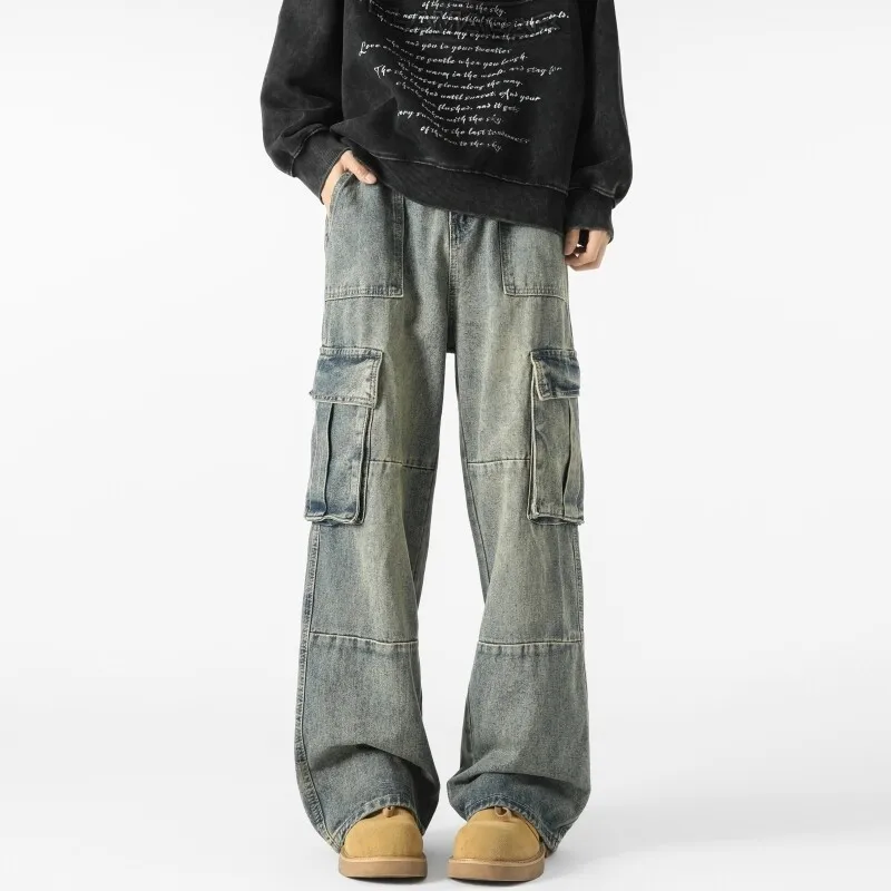 Mens Loose Fit Straight Wide Leg Cargo Jeans outdoor Multi Pocket Patchwork Denim Pants Trending Streetwear Utility Style
