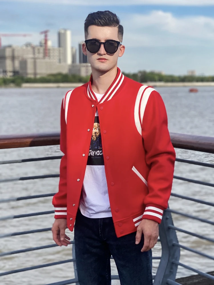 Men's leather sleeves of baseball suit Fleece Jackets Fashion trend American style college style Thickened warm autumn and winte