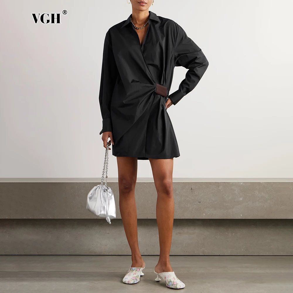 

VGH Black Color Office Chic Patchwork Folds Mini Dresses for Women Lapel Long Sleeve High Waist Loose Temperament Dresses Female