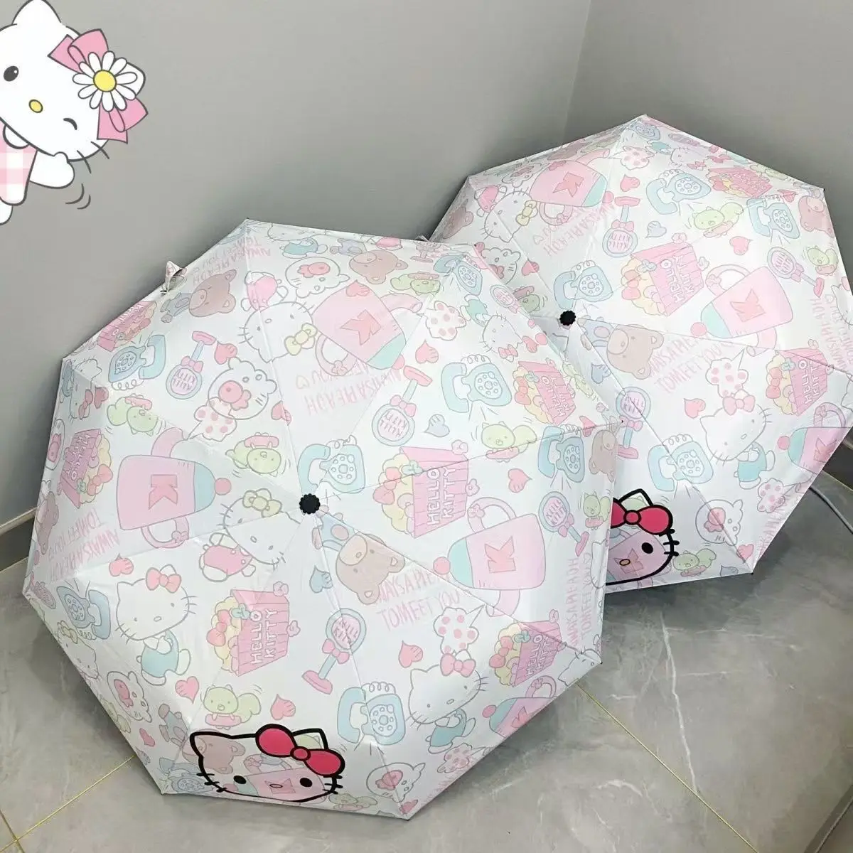 Sanrio Hello Kitty Automatic Umbrella Dual Purpose Black Rubber Sunscreen Umbrella New Cute Cartoon Full Print Folding Umbrella