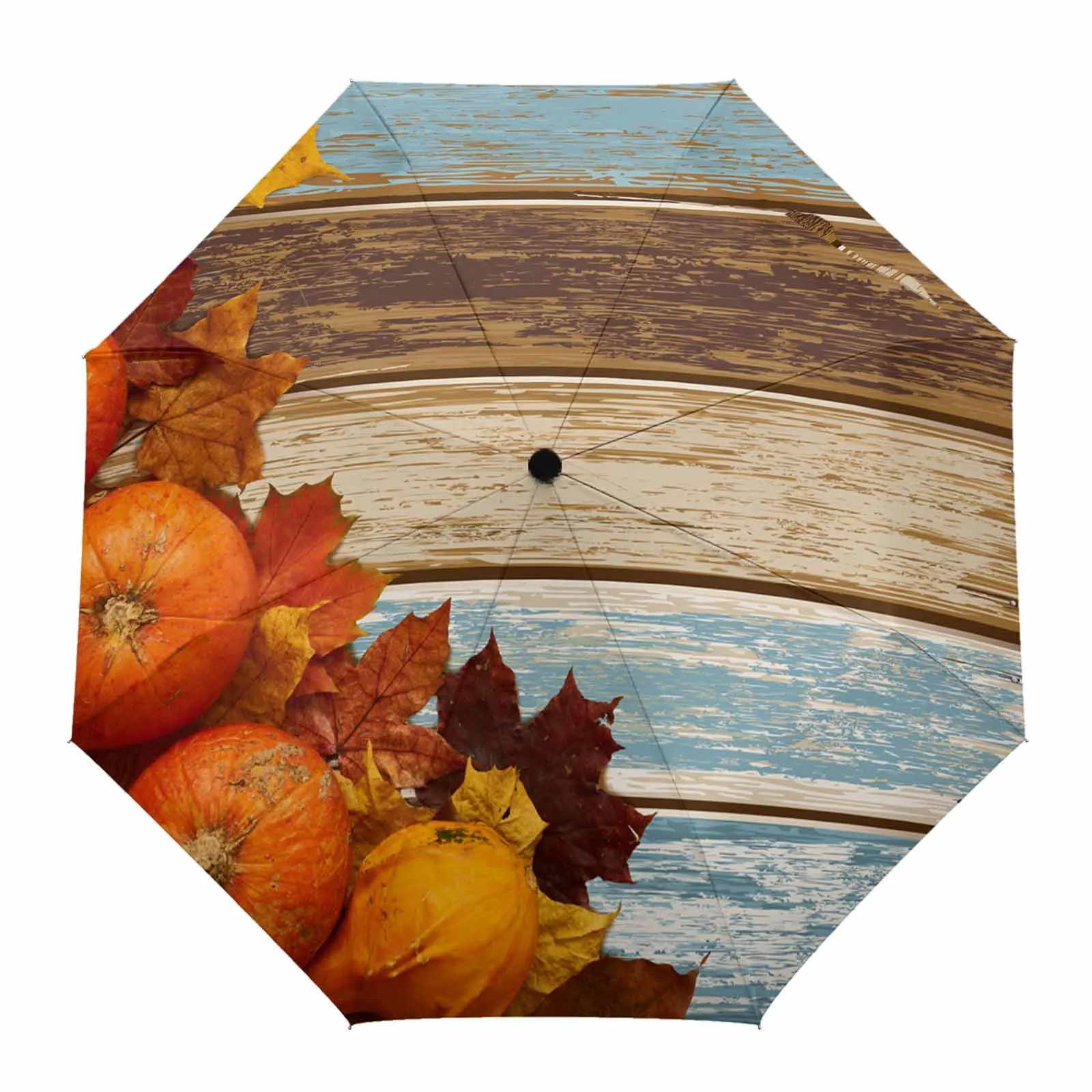 Pumpkin Leaf And Wood Grain Flower Automatic Umbrella for Rain Foldable Parasol Umbrella Eight strand Outdoor Umbrellas