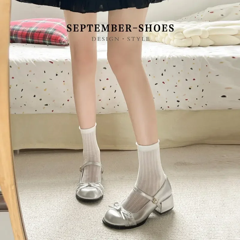 Sweet Lolita Shoes Women Round Toe Block Mid‑heel Bow Lace Trim One‑strap Buckle Patent Leather French Style Japanese Jk Pumps