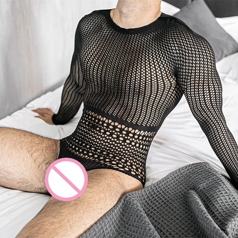 Nuovi uomini sexy collant bodystocking lingerie sissy cava alta biancheria intima elastica maglia trasparente gay tuta night club wear