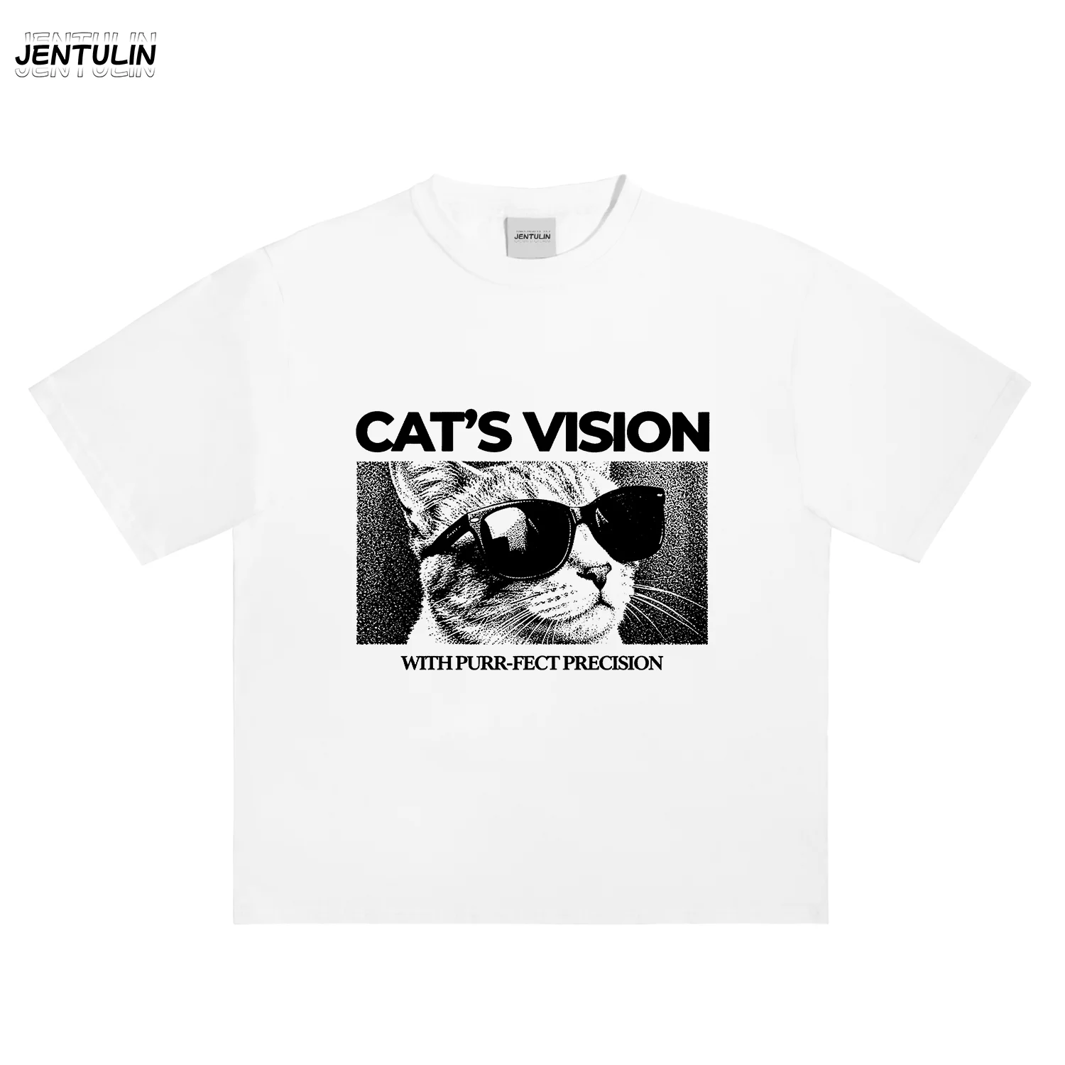 Y2K Streetwear Short Vision Letter Print Aesthetic Casual Tops For Men Women Vintage Cool Cat Sunglasses Graphic Cropped T‑Shirt