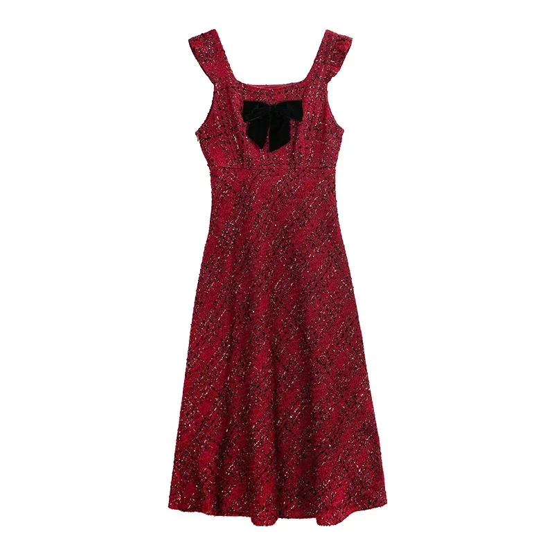 ALXNAN grande taille robe rouge sans manches 2025 automne col carré nœud élégant a-ligne femmes robes mi-longues vendu séparément D01008