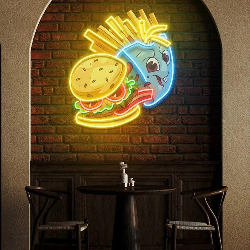 Imagem -03 - Hamburger Fries Art Neon Sign Ornamento Personalizado Led Neon Luz para Porta Aberta Luzes de Decoração Fast Food Restaurante Decoração