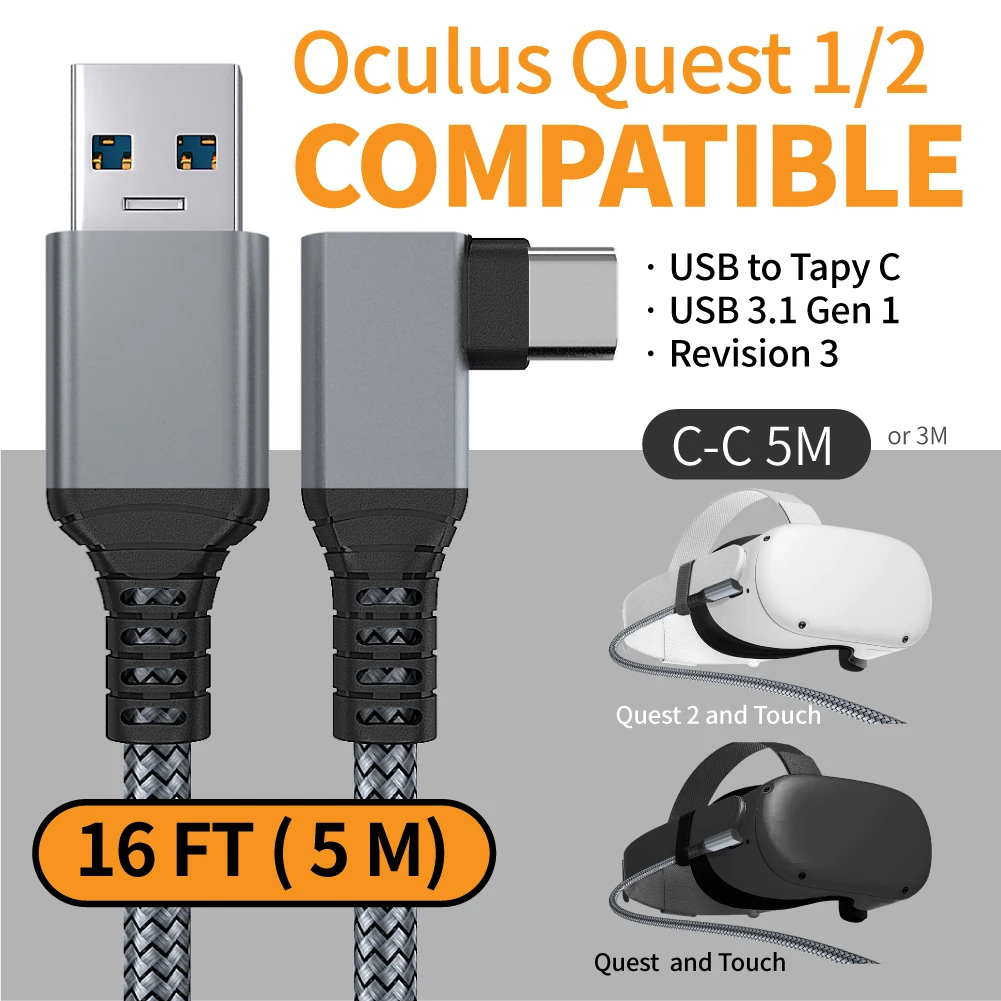 VR Link Cable USB A to USB C 90 Degree Right Angle Braided Nylon 5Gbps Data Cable for Meta Quest 3/2/Pro Pico 4 Steam VR PC