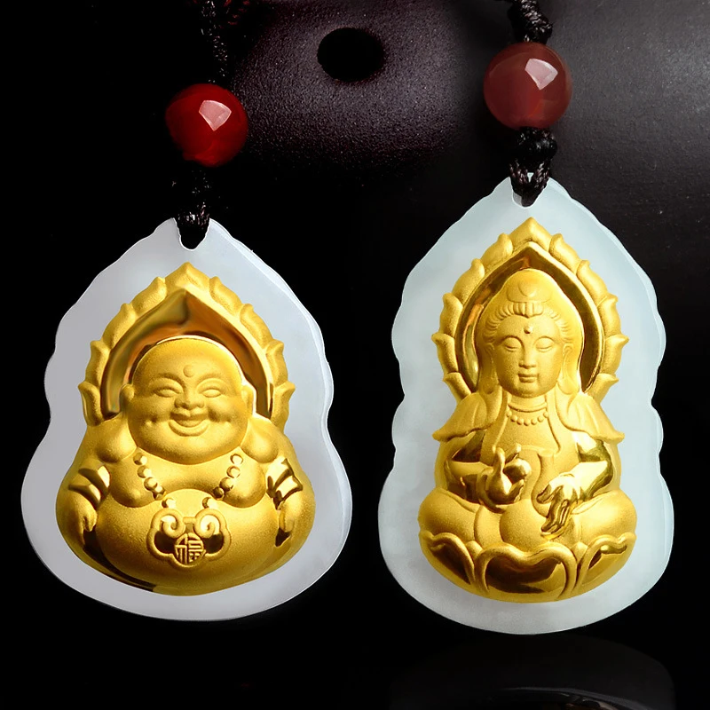 Hotan Gold-inlaid Guanyin Maitreya Buddha Pendant Men and Women, Bodhisattva Jade Ornament