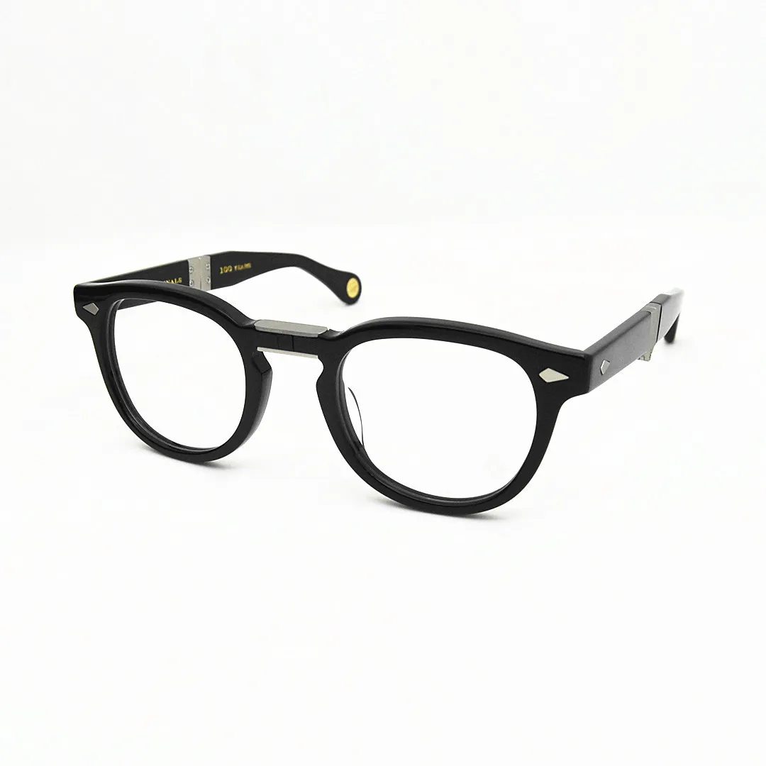 49mm Lemtosh 100 Years Anniversary Folding Designer Glasses, Round Frame with Diamond Rivets, Premium Acetate Eyewear